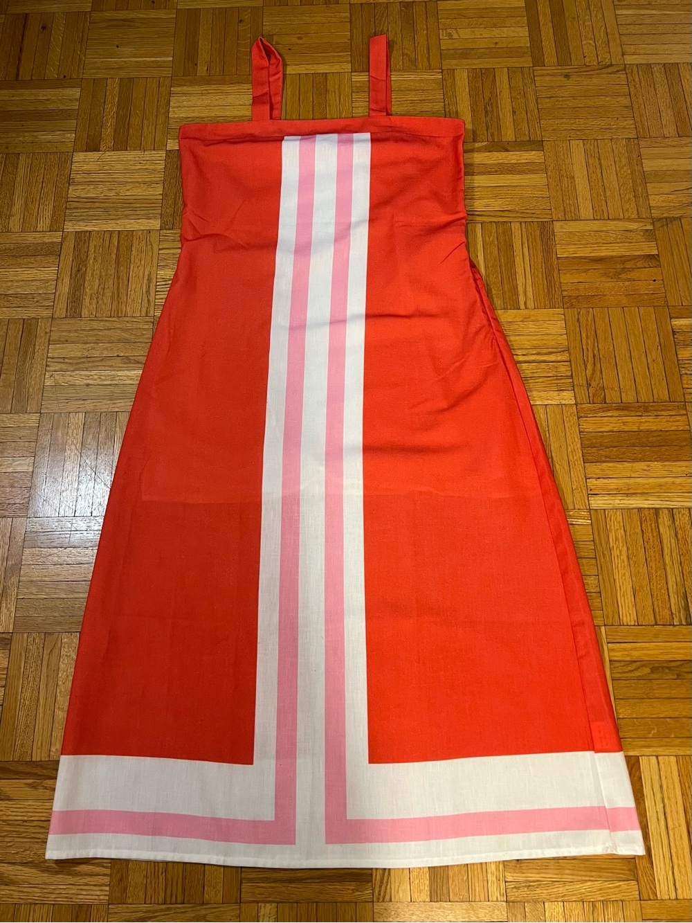 Bold Pattern! Red Midi Dress with Pink and White Stripe Panel size medium